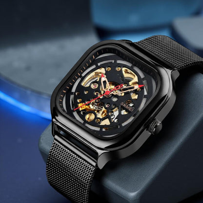 Skeleton Automatic Mechanical Watch for Men with Square Dial and Mesh Strap