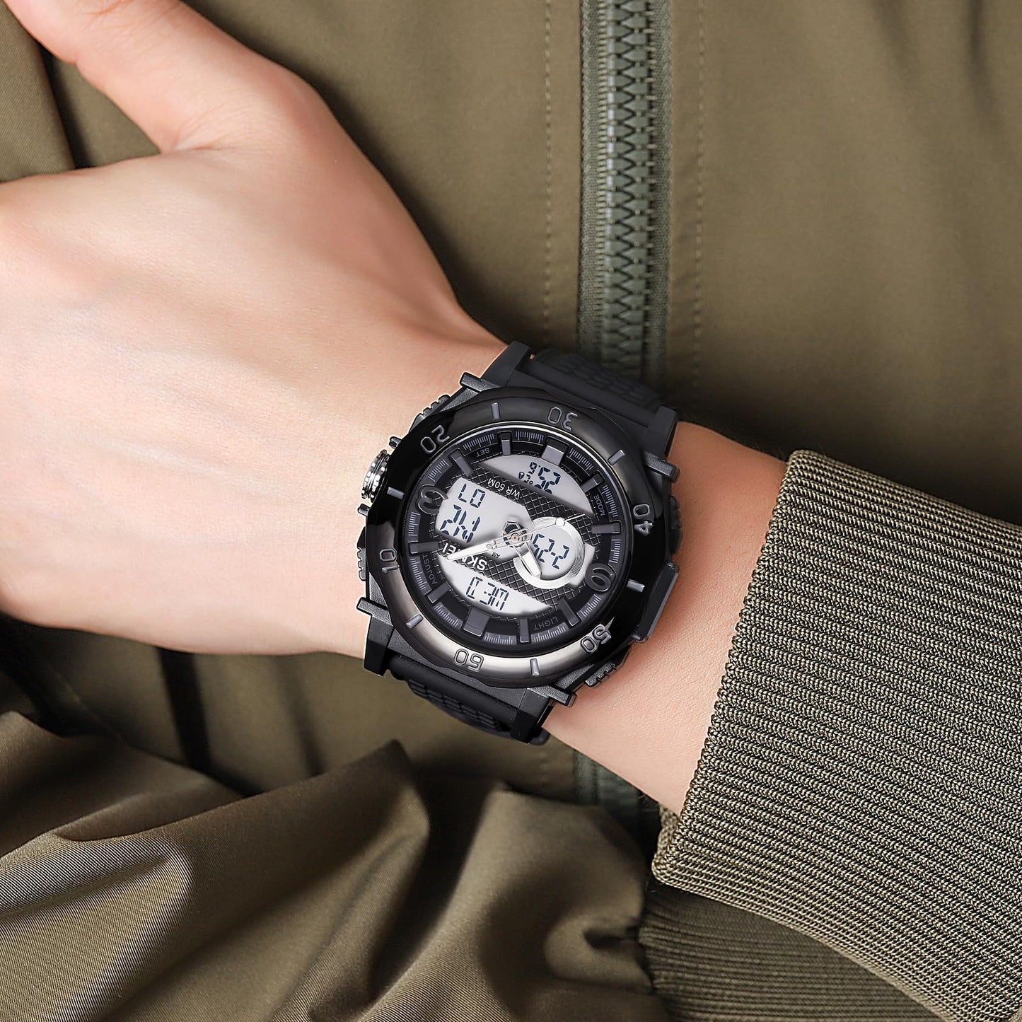 Multifunctional Men 50M Waterproof Thermometer Dual Display Digital Wrist Watch