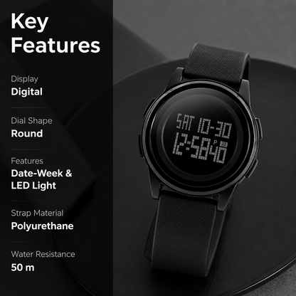 Premium Digital Watch for Men with Round Dial LED Display Date Week Feature and Comfortable Strap