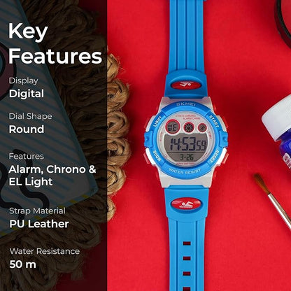 Kids Sports Multi Function Digital Watch, Multicolor Dial Sky ABS Case Kid's Watch, PU Rubber Strap Band, Waterproof LED Light Children Wristwatch