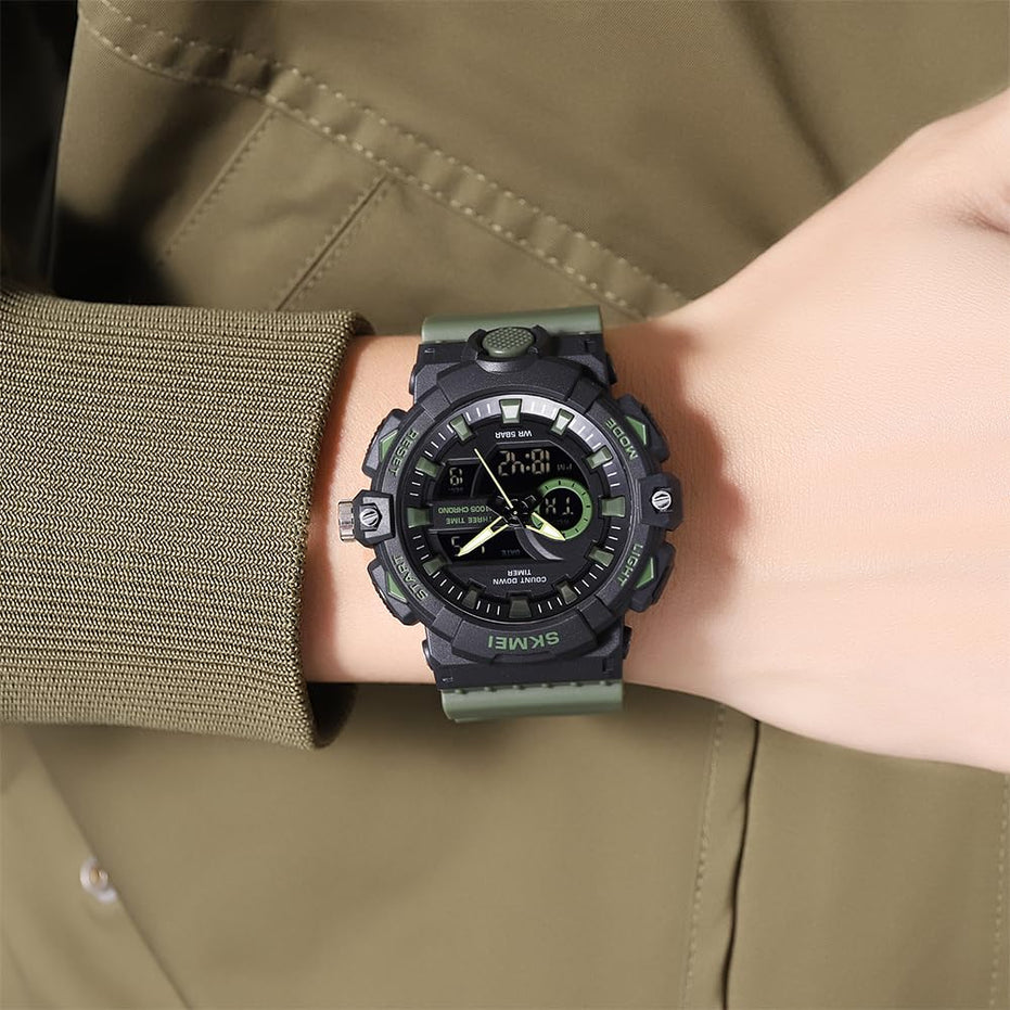 Analog-Digital Watch for Men with Army Green Silicone Strap and Round Dial for Casual & Formal Wear