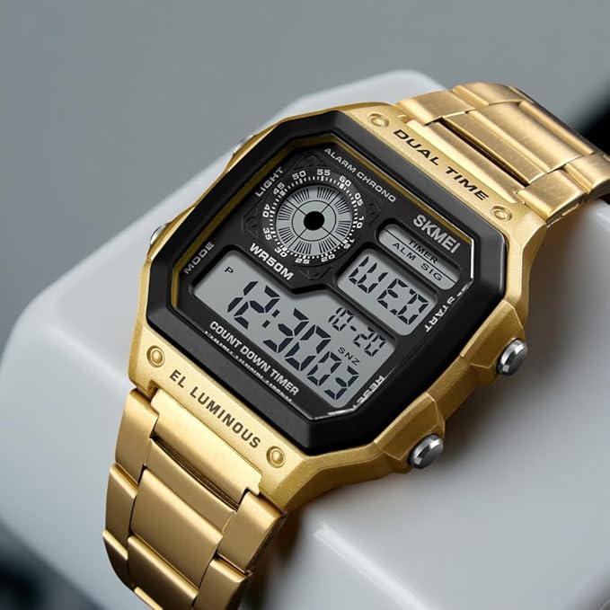 Premium Digital Watch for Men with Square Dial Dual Time Alarm Stopwatch and Metal Strap