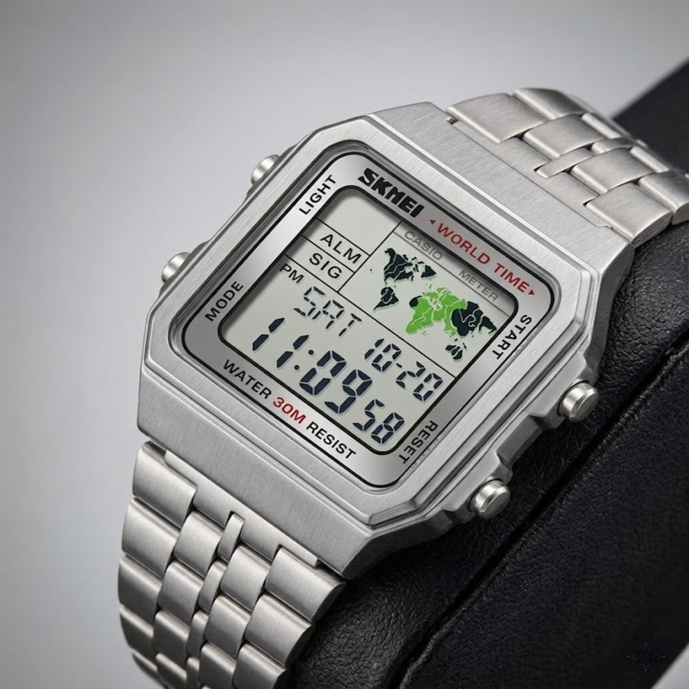 Vintage Digital Wrist Watch with Metal Strap and World Time Display For Men