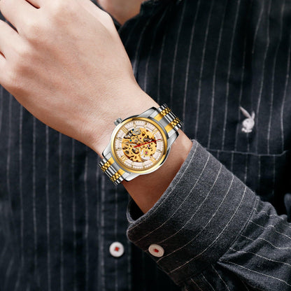 Luxury Skeleton Automatic Watch for Men Black Stainless Steel Strap, Blue Dial with Roman Numerals, Transparent Mechanical Design