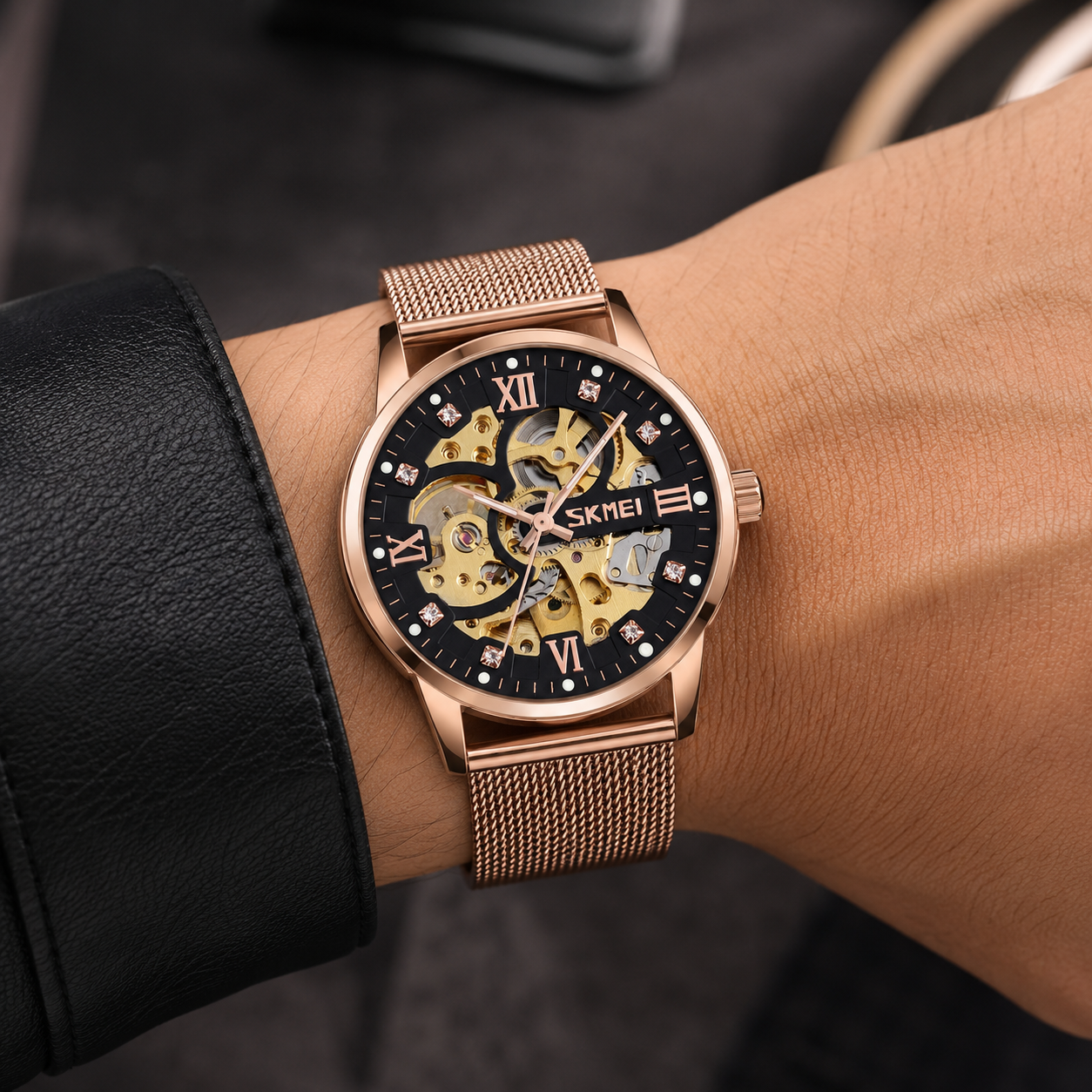 Elegant Skeleton Analog Wrist Watch with Mesh Strap For Men