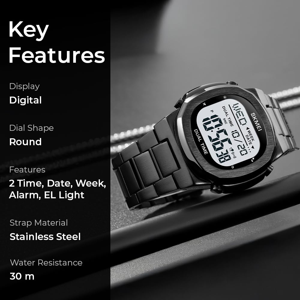Premium Digital Sports Watch for Men with Stainless Steel Strap, Waterproof Style Wrist Watch for Casual Outdoor and Daily Wear