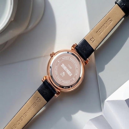 Elegant Analog Wrist Watch with Crystal Accents and Leather Strap For Women