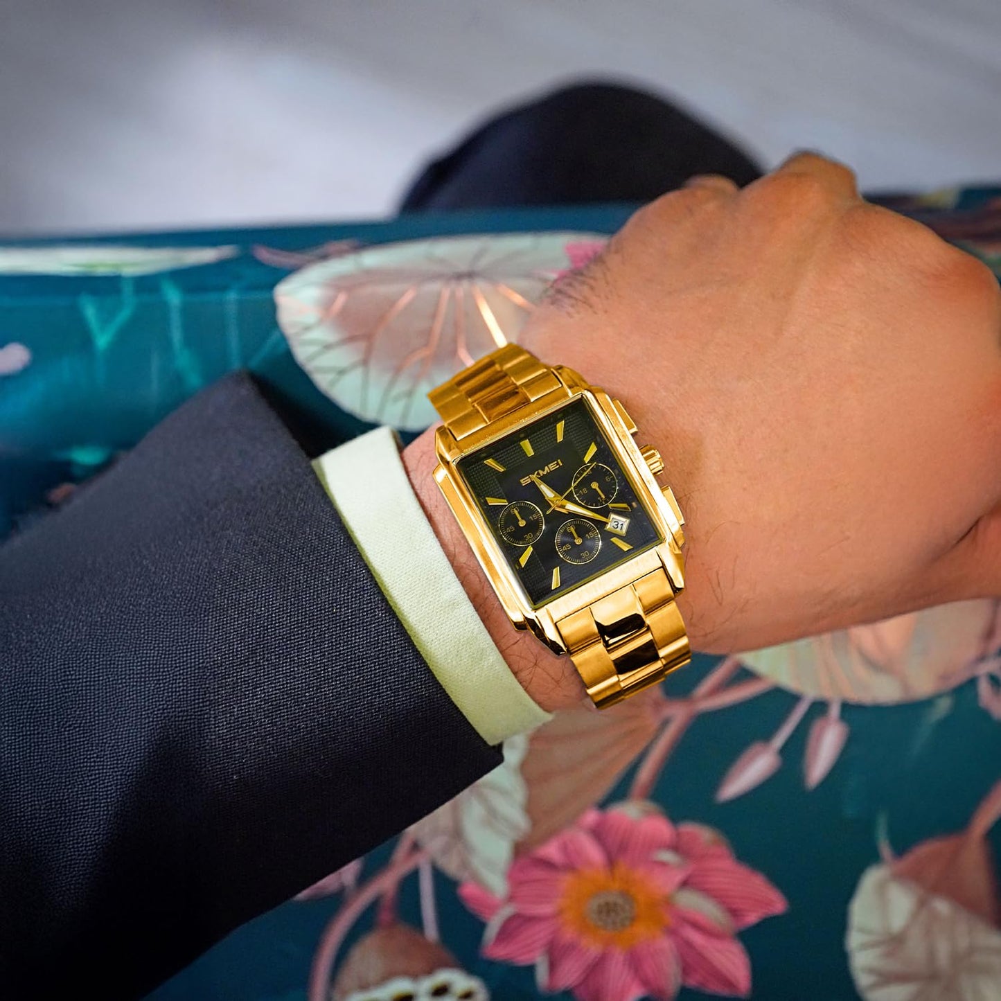 Classic Rectangular Analog Wrist Watch with Date Display and Metal Strap for men