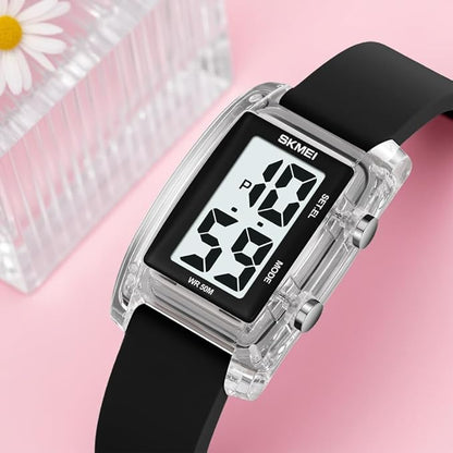 Digital Watch for Men LED Display, Rectangle Dial, Waterproof Sports Watch with Silicone Strap