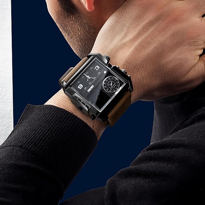 Multi Display Analog Digital Wrist Watch with Leather Strap For Men