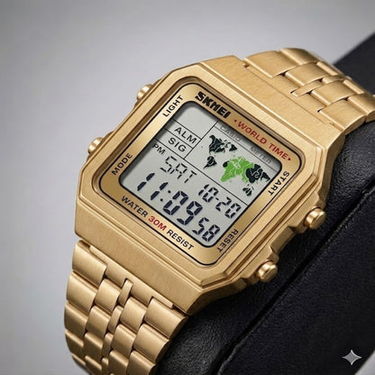 Vintage Digital Wrist Watch with Metal Strap and World Time Display For Men