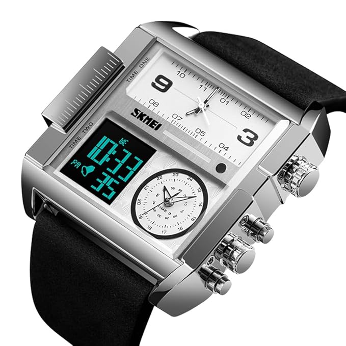 Multi Display Analog Digital Wrist Watch with Leather Strap For Men