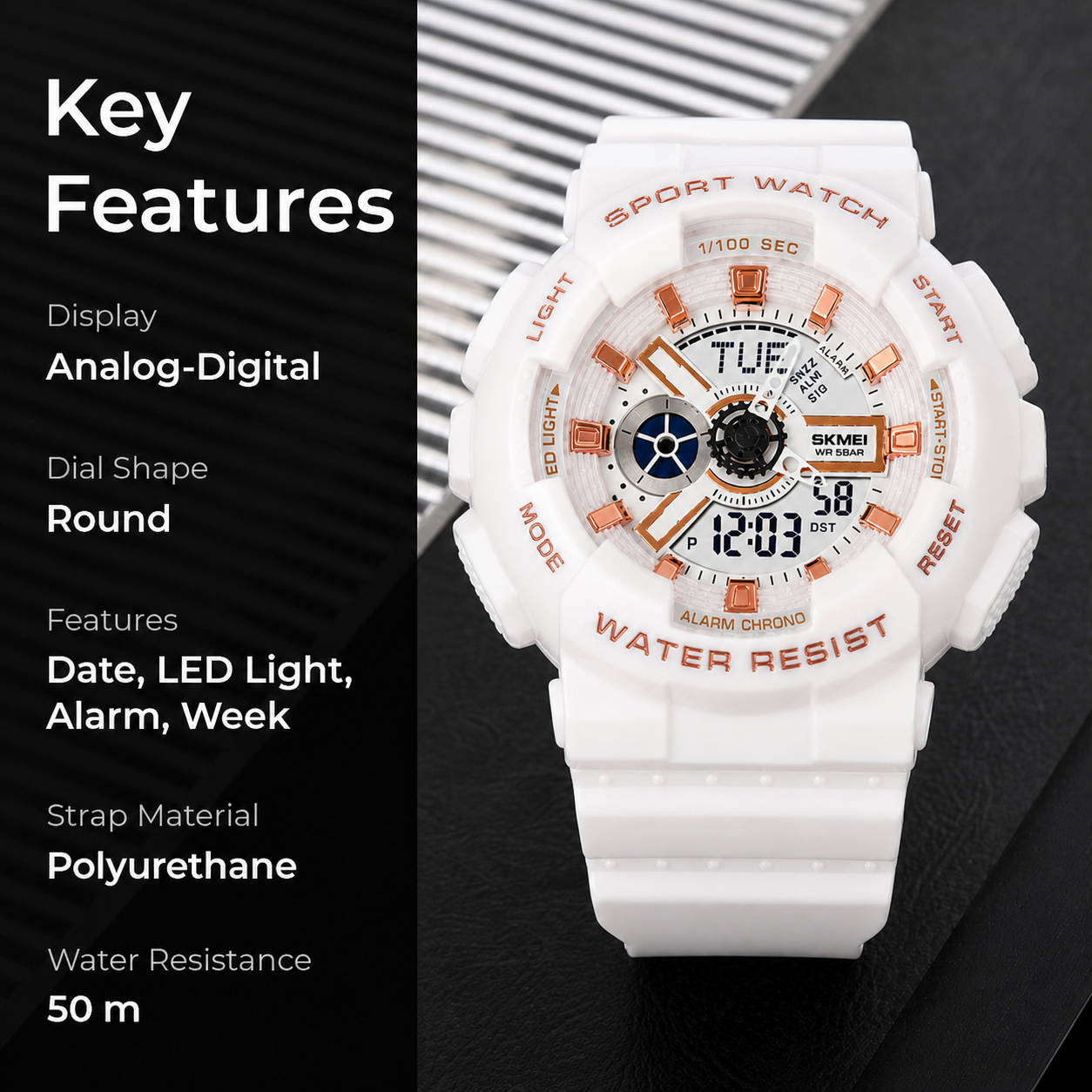 Men's Digital Sports Watch, LED Square Large Face Analog Quartz Wrist Watch with Multi-Time Zone Waterproof Stopwatch
