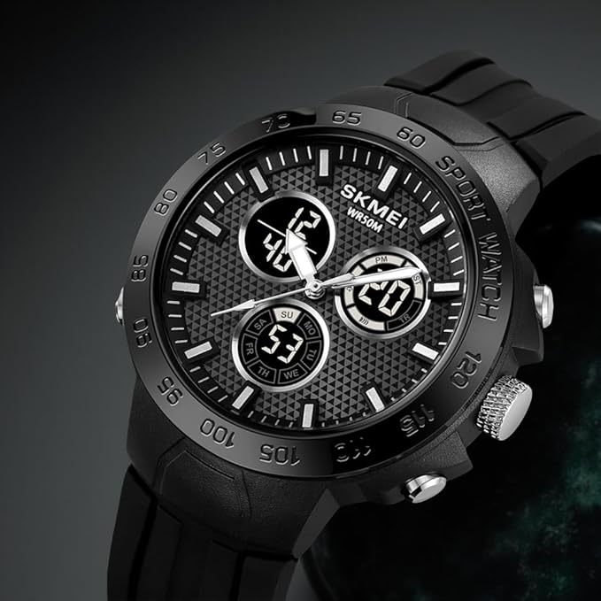 Men’s Black Sports Watch | Analog-Digital Display, Alarm, Stopwatch, Date Function, Water Resistant, Stylish Design