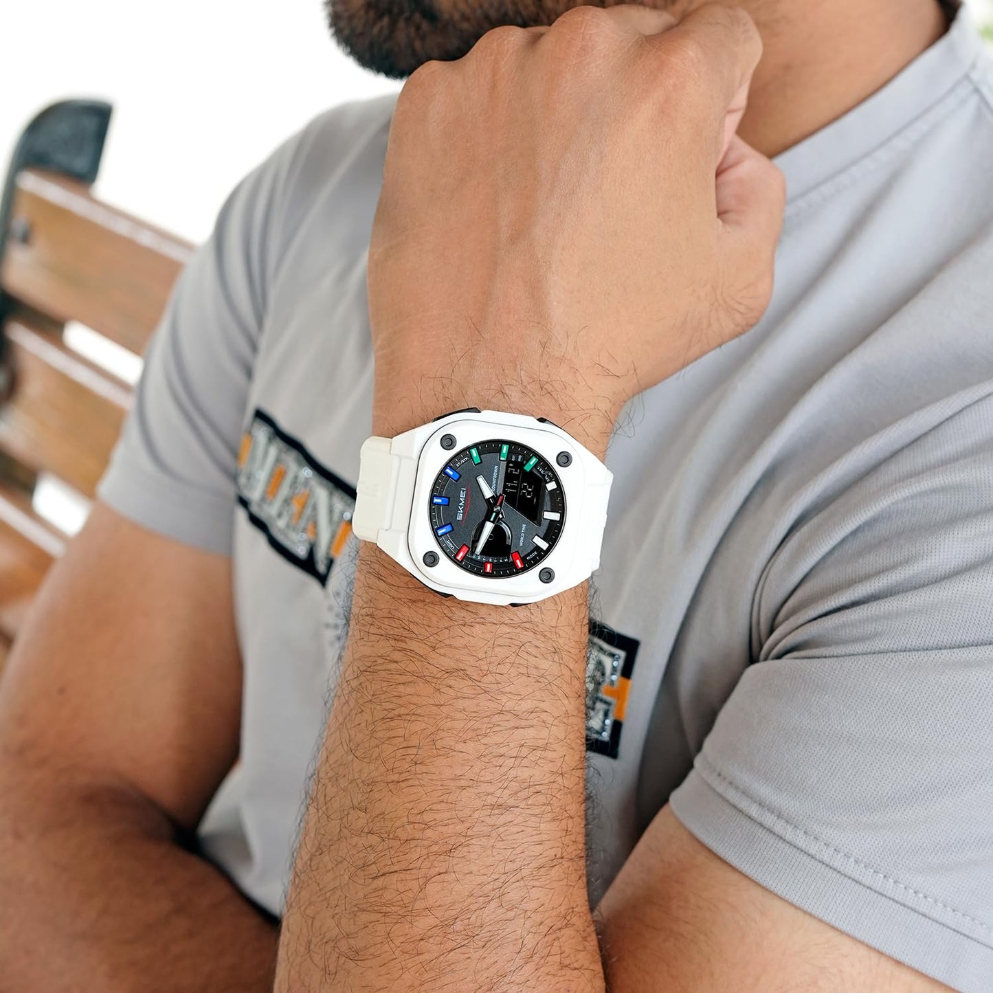 Rugged Analog Digital Sports Watch with Patterned Strap for men