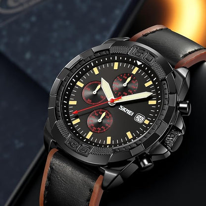 Men Quartz Watch Six Pointer Popular Leather Strap Waterproof Watch