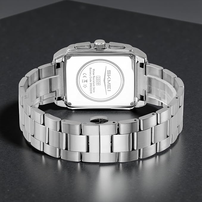 Classic Rectangular Analog Wrist Watch with Date Display and Metal Strap for men