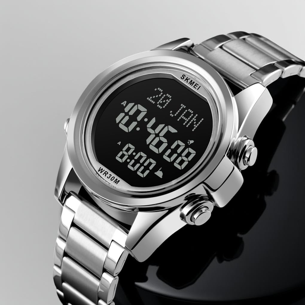 Digital Display White Dial Zinc Alloy Men's Stainless Steel Black Color Stylish Watch