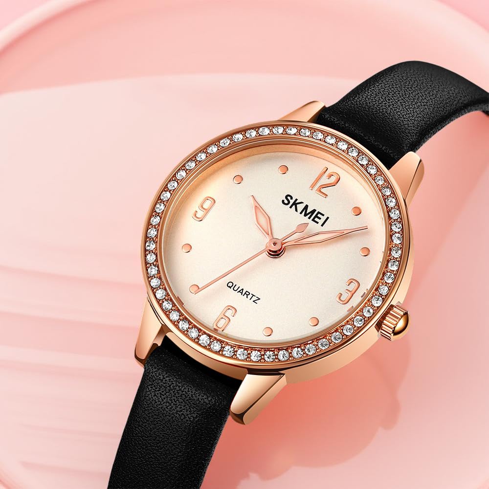 Elegant Women Wristwatch with Sparkling Rhinestone Bezel and Textured Strap