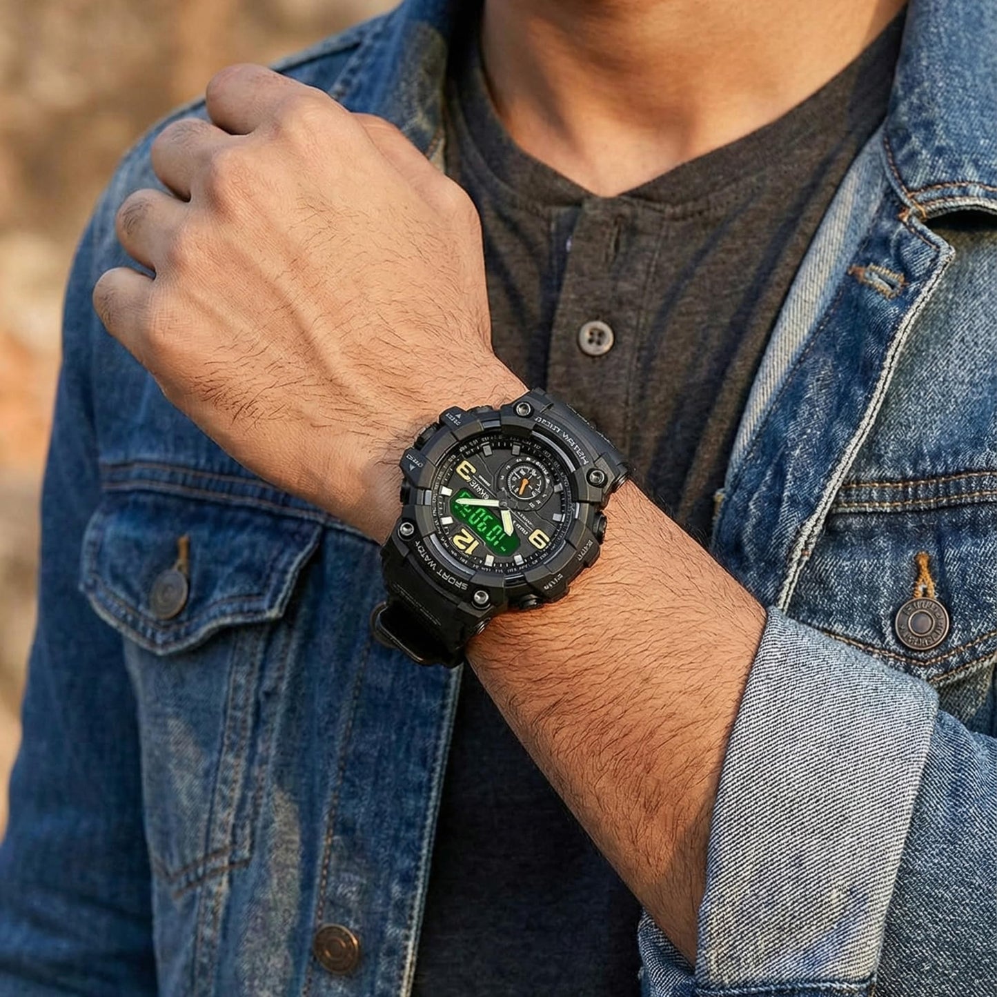 Premium Analog Digital Sports Watch for Men with Dual Time LED Display Alarm and Rugged Design