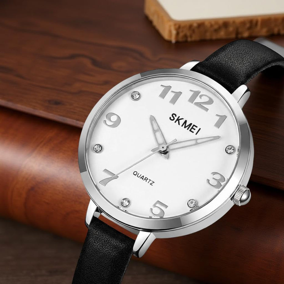 Analog Watch for Women with Black Leather Strap and Round Dial for Casual & Formal Wear