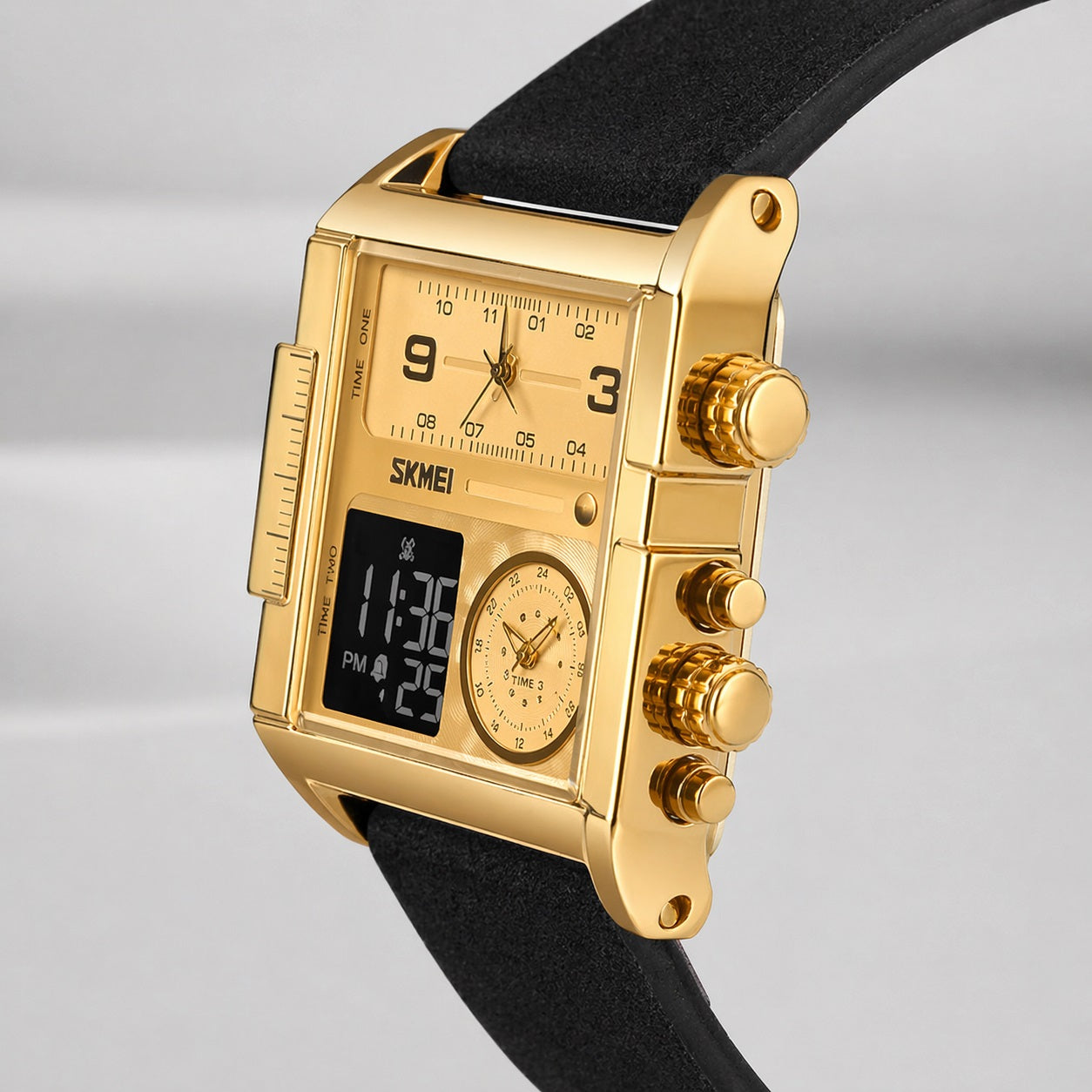 Multi Display Analog Digital Wrist Watch with Leather Strap For Men