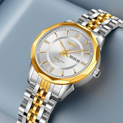 Minimalist Stainless Steel Watch with Date Week Display Simple dial Push-Button Clasp
