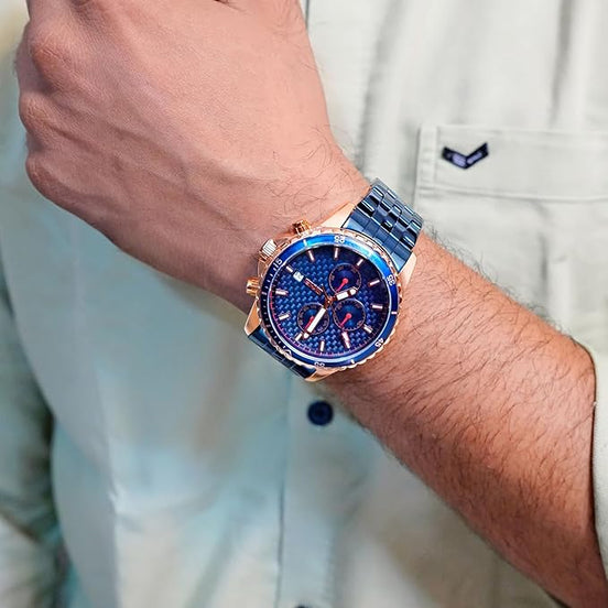 Analog Watch for Men with Blue Stainless Steel Strap and Round Dial for Casual & Formal Wear