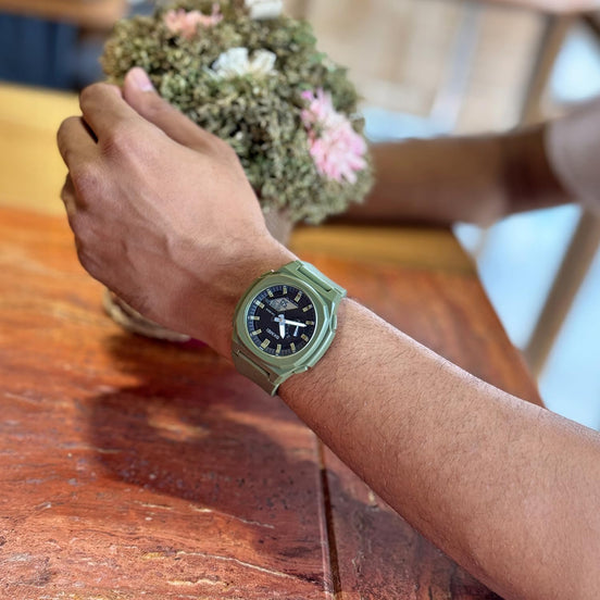 Analog-Digital Watch for Men with Army Green Silicone Strap and Round Dial for Casual & Formal Wear