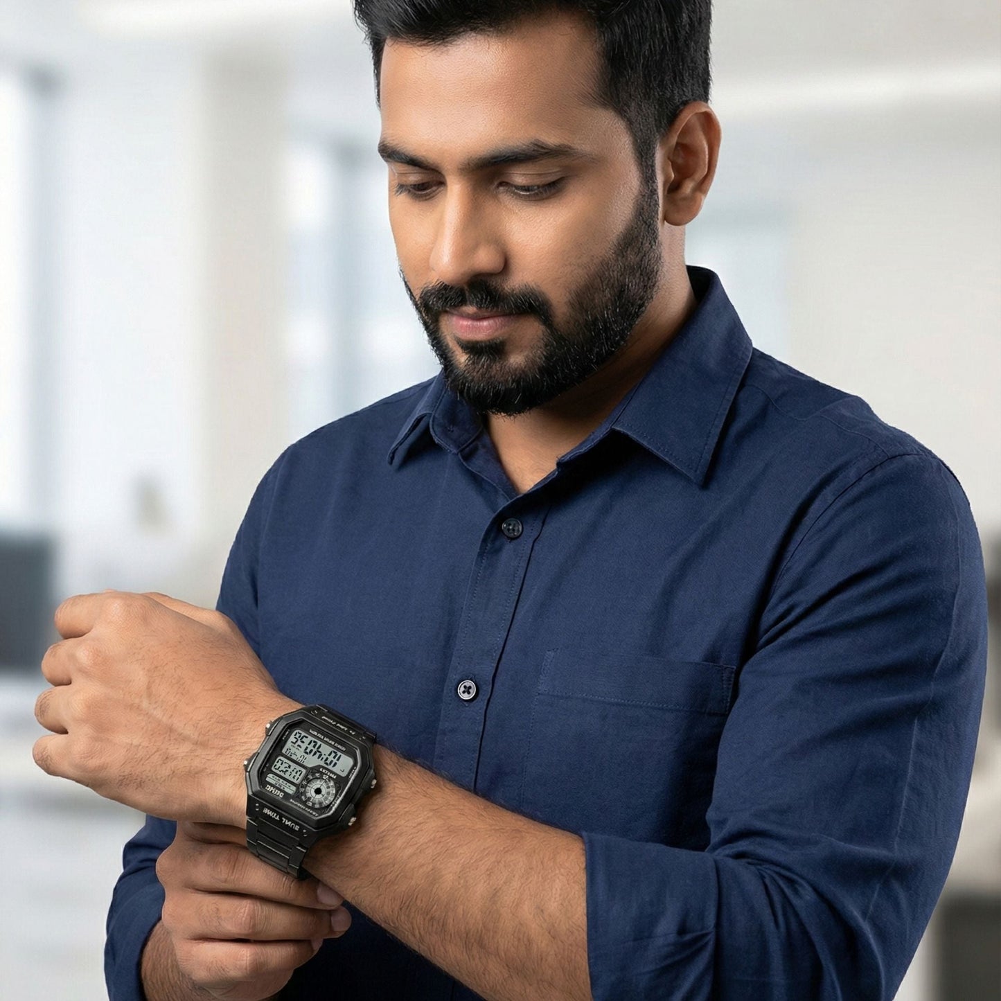 Premium Digital Watch for Men with Square Dial Dual Time Alarm Stopwatch and Metal Strap