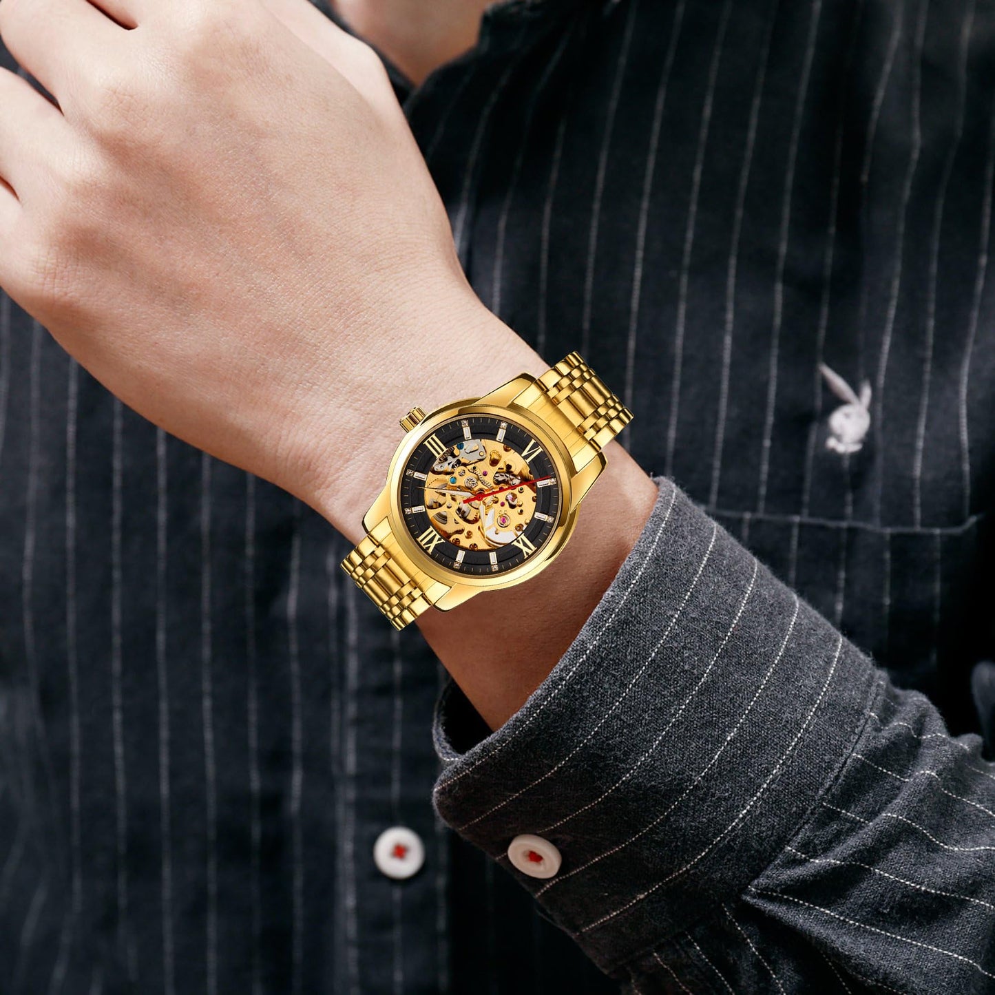 Luxury Skeleton Automatic Watch for Men Black Stainless Steel Strap, Blue Dial with Roman Numerals, Transparent Mechanical Design