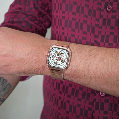 Skeleton Automatic Mechanical Watch for Men with Square Dial and Mesh Strap
