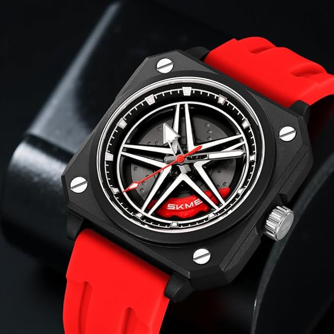 Silicone Men’s Analog Quartz Sports Watch Waterproof & Trendy Wheels Rolling Design