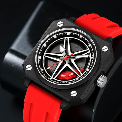 Silicone Men’s Analog Quartz Sports Watch Waterproof & Trendy Wheels Rolling Design