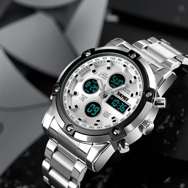 Luxury Analog Digital Stainless Steel Watch for Men with Dual Time Display and Premium Business Style