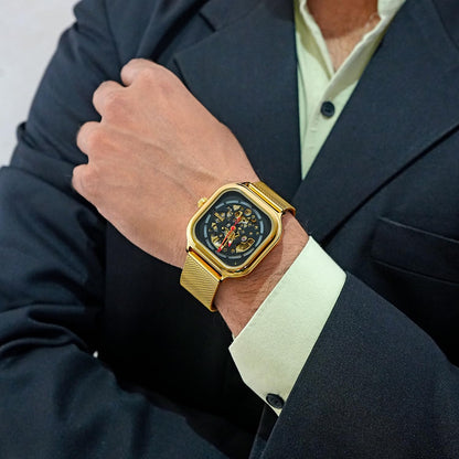 Skeleton Automatic Mechanical Watch for Men with Square Dial and Mesh Strap