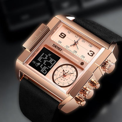 Multi Display Analog Digital Wrist Watch with Leather Strap For Men