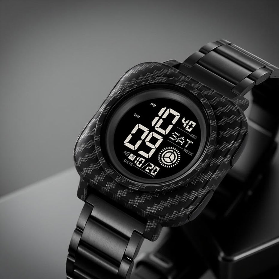 Digital Watch for Men with Black Stainless Steel Strap and Round Dial for Casual & Formal Wear