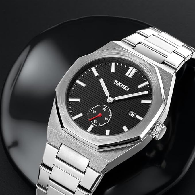 Premium Black Watch for Men – Stainless Steel Strap, Analog Dial with Date Function