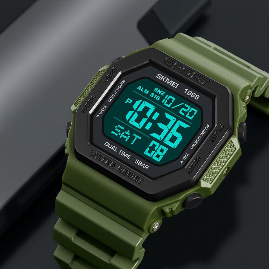 Digital Watch for Men with Army Green Silicone Strap and Round Dial for Casual & Formal Wear