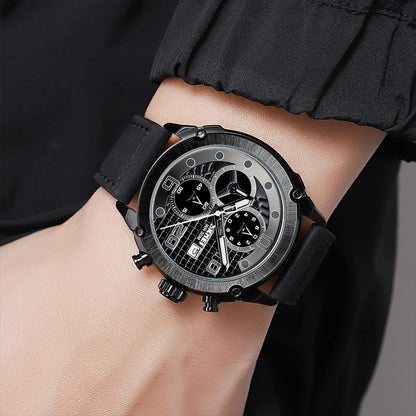 Premium Leather Chronograph Wristwatch with Textured Multi-Dial