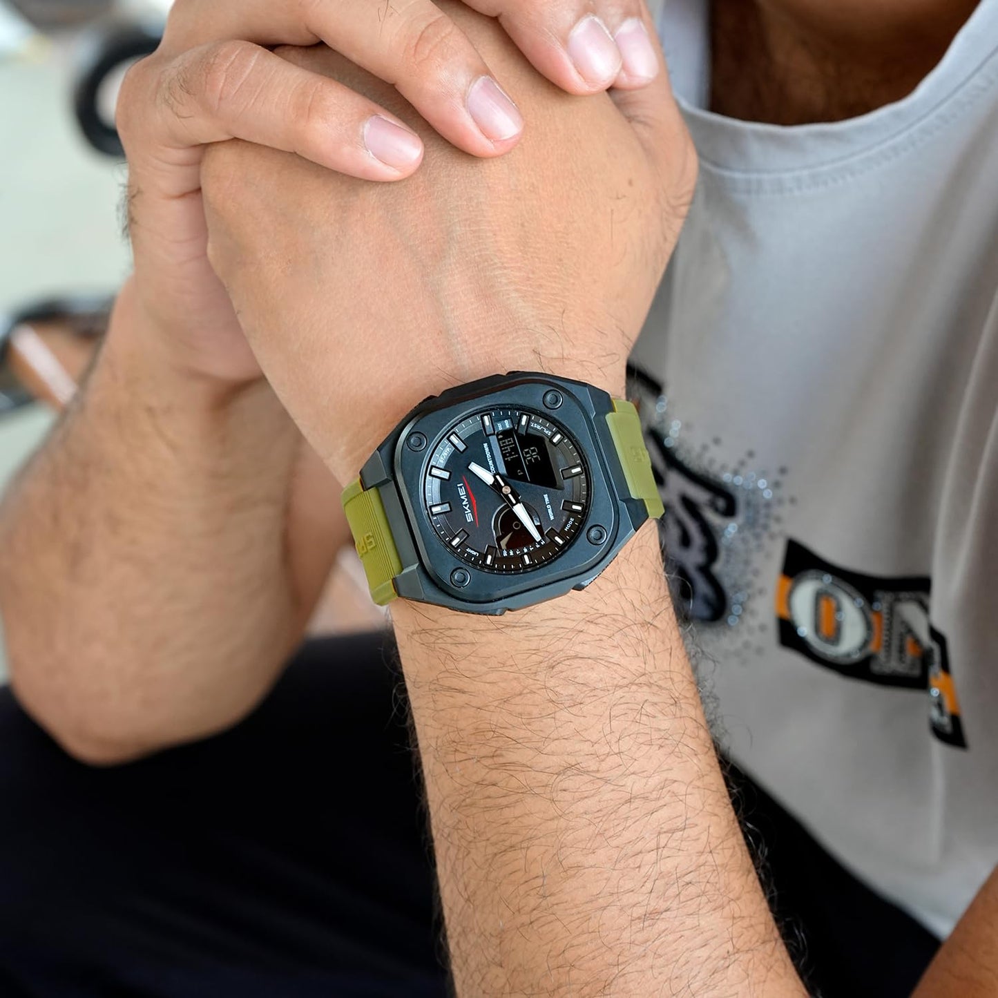 Rugged Analog Digital Sports Watch with Patterned Strap for men