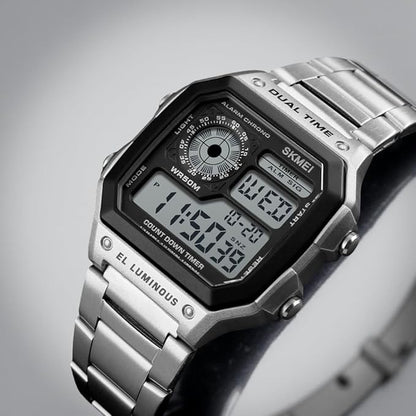 Premium Digital Watch for Men with Square Dial Dual Time Alarm Stopwatch and Metal Strap