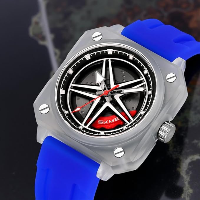 Silicone Men’s Analog Quartz Sports Watch Waterproof & Trendy Wheels Rolling Design