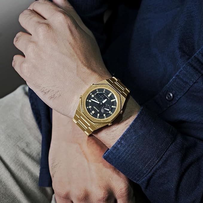 Analog-Digital Watch for Men with Gold Metal Strap and Round Dial for Casual & Formal Wear