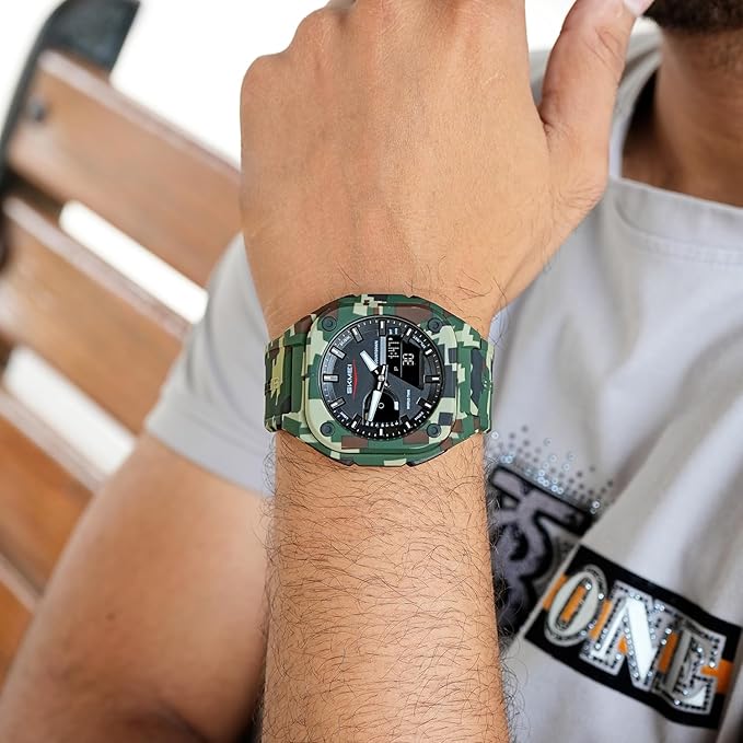 Rugged Analog Digital Sports Watch with Patterned Strap for men