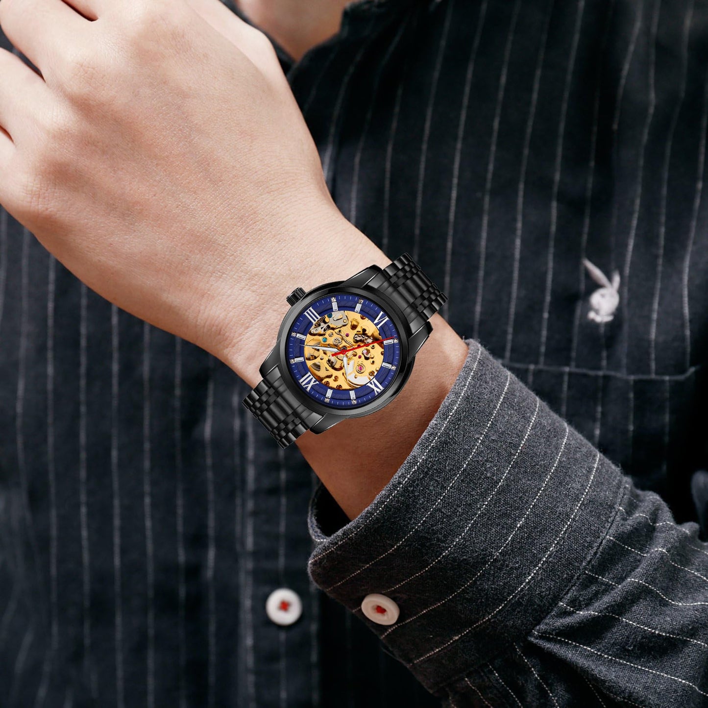 Luxury Skeleton Automatic Watch for Men Black Stainless Steel Strap, Blue Dial with Roman Numerals, Transparent Mechanical Design
