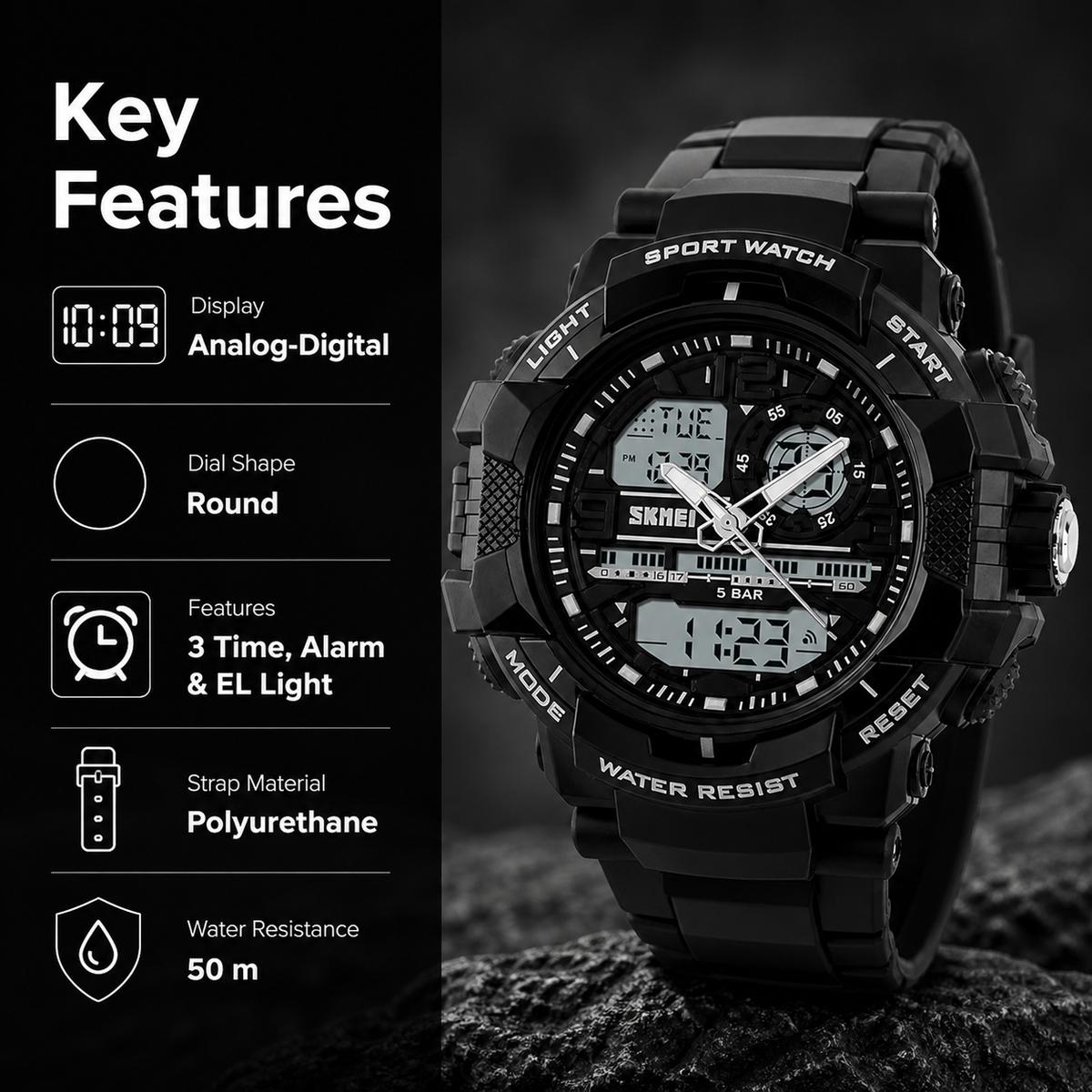 Analog-Digital Watch for Men with Black Polyurethane Strap and Round Dial for Casual & Formal Wear