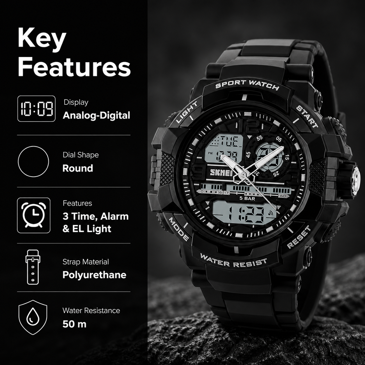 Rugged Analog-Digital Sports Watch with Multi-Function Display and Comfortable Strap For Men