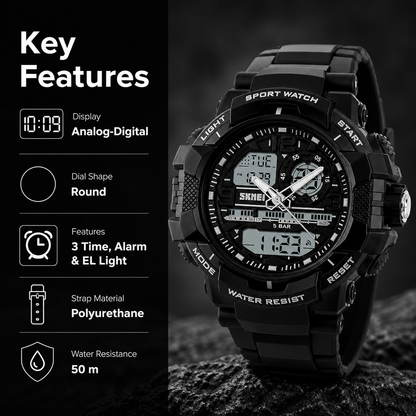 Rugged Analog-Digital Sports Watch with Multi-Function Display and Comfortable Strap For Men
